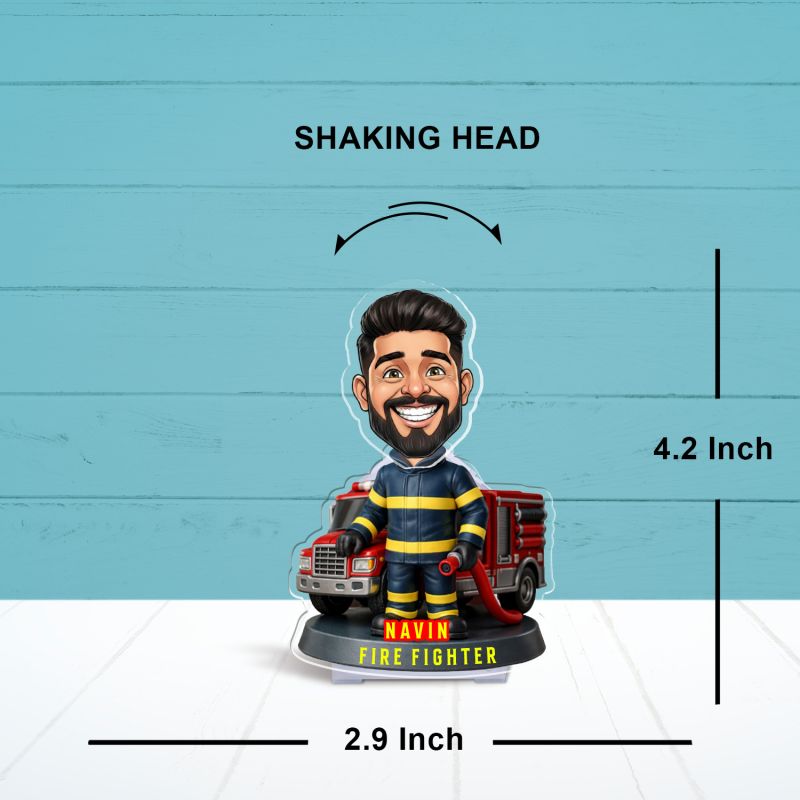 Personalized Firefighter Theme Caricature with Fire Truck Design Custom with Face Cutout & Name Truck Dashboard Decor Gift for Firemen Solar Powered Moving Head